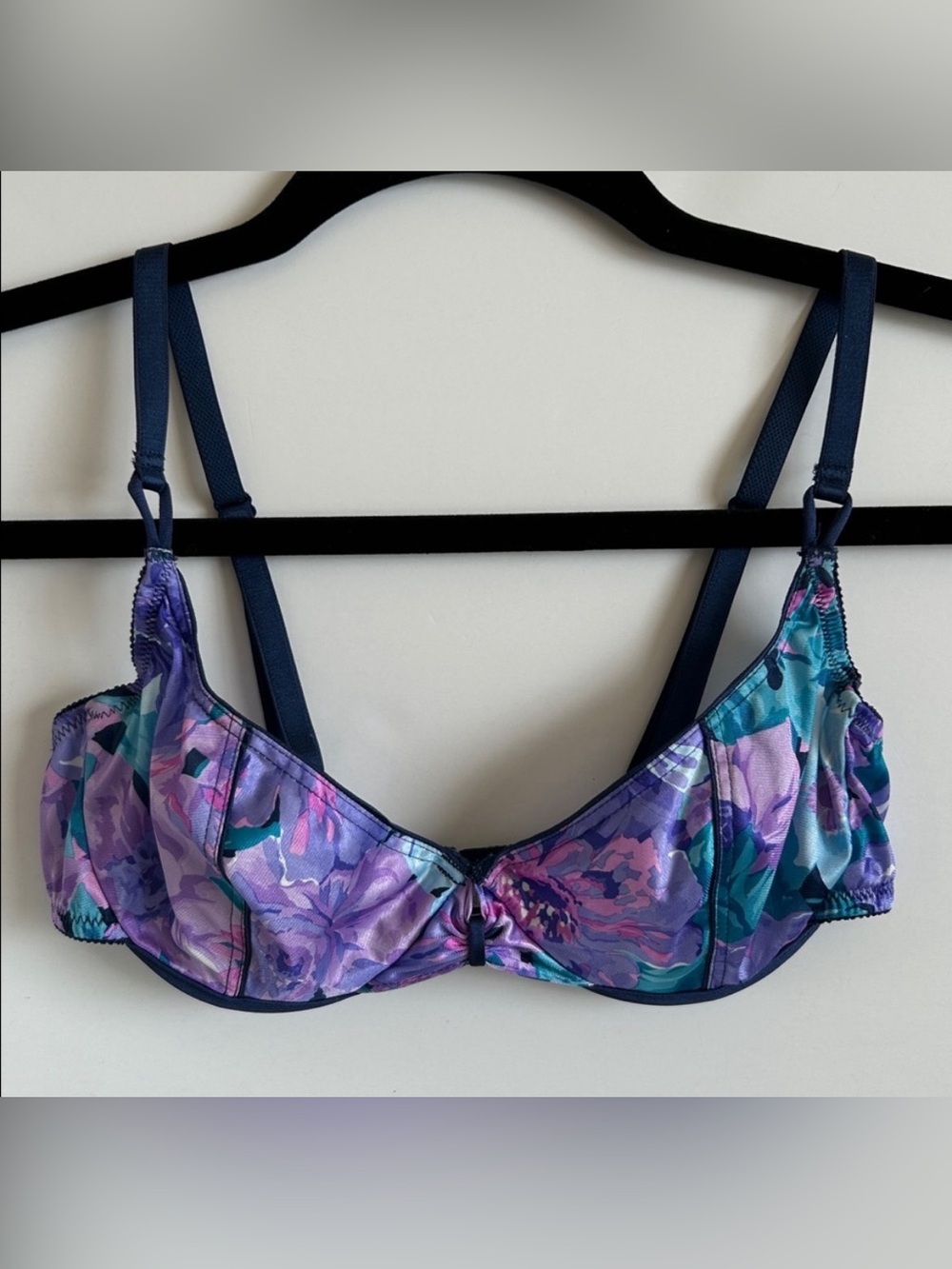 Cacique Purple & Blue Floral Design Underwire Demi Bra Sexy 80’s Vintage Sz 34B